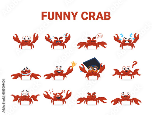 Collection of cartoon crabs showing different emotions and situations on white background