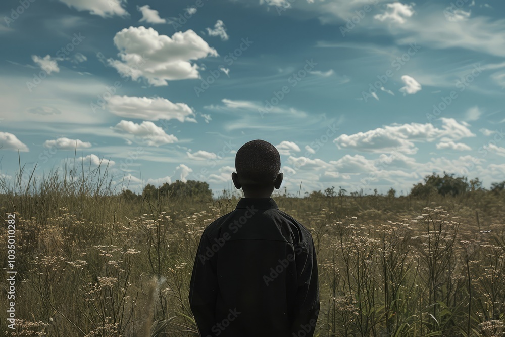 Young Boy Standing in a Field Under a Vast Cloudy Sky, Embracing Nature and Freedom in a Serene Landscape Young Boy Standing in a Field Under a Vast Cloudy Sky, Embracing Nature and Freedom in a Serene Landscape