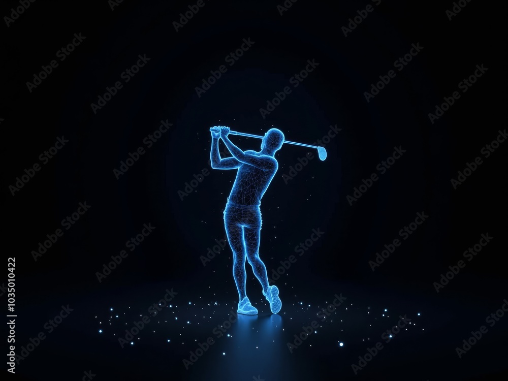 Obraz premium Futuristic blue hologram of golf player doing pose on dark background