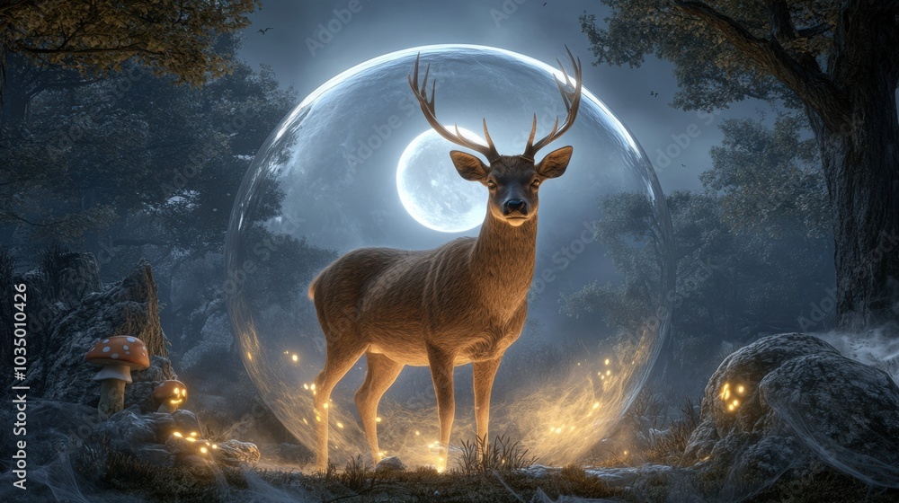 Fototapeta premium Majestic deer stands in a mystical forest under a glowing full moon, AI