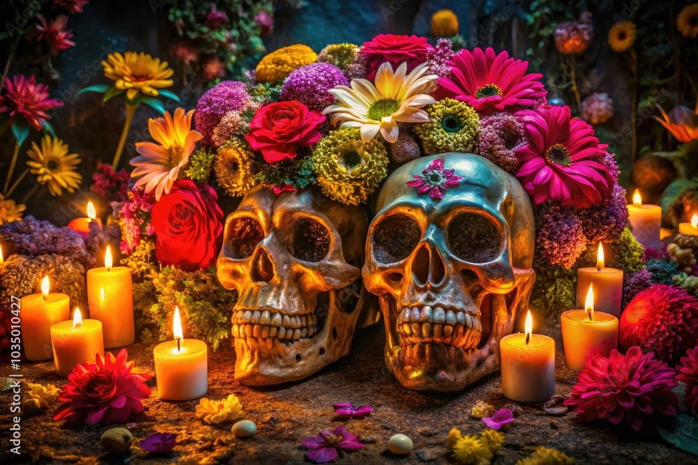 Surrounded by a riot of colorful blooms and dancing candlelight, two ornate skulls emerge, creating a captivating contrast in the darkened ambiance. Surrounded by a riot of colorful blooms and dancing candlelight, two ornate skulls emerge, creating a captivating contrast in the darkened ambiance.