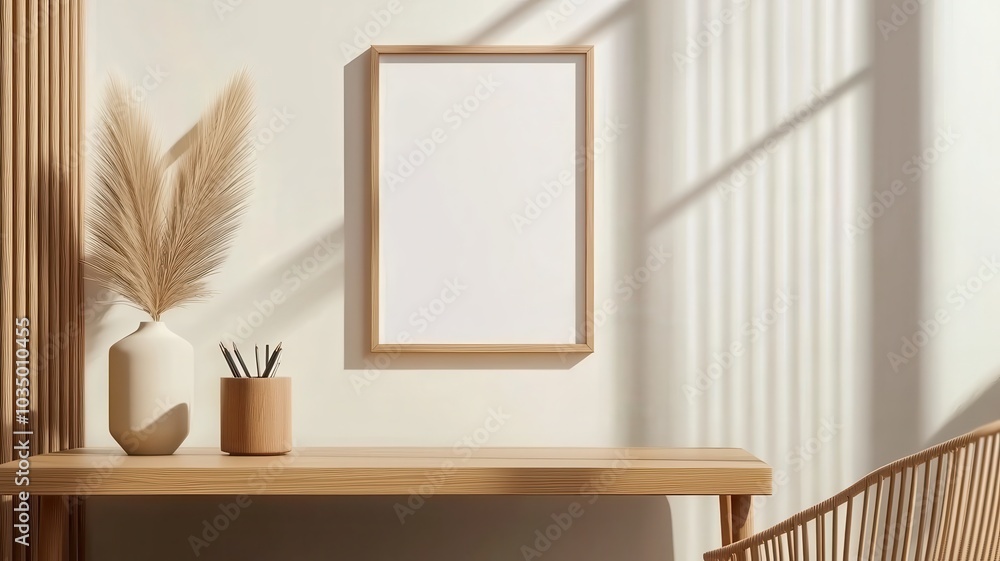 Minimalist Scandinavian workspace featuring an empty photo frame, perfect for personal or professional inspiration. Minimalist Scandinavian workspace featuring an empty photo frame, perfect for personal or professional inspiration.