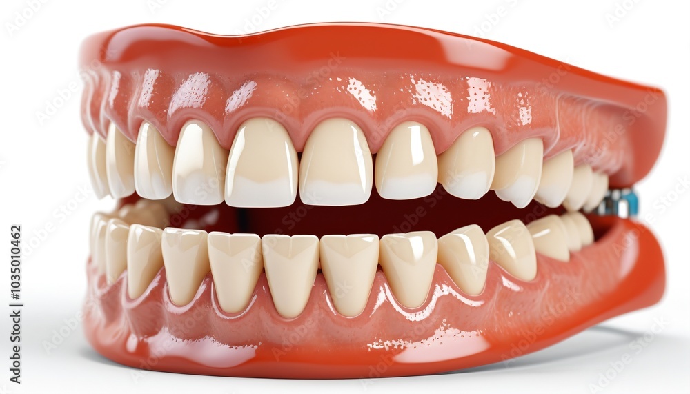 An orthodontic model featuring braces with delicate metal brackets attached to straightened teeth, resting on a bright white background, Generative AI An orthodontic model featuring braces with delicate metal brackets attached to straightened teeth, resting on a bright white background, Generative AI