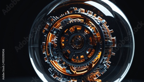 A mechanical sphere with interlocking gears visible through transparent panels, slowly rotating in the darkness, casting faint reflections, Generative AI