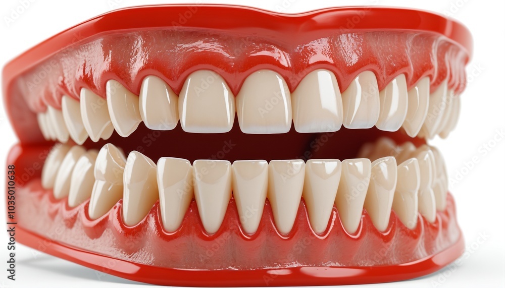 Obraz premium An orthodontic retainer model with a transparent retainer sitting atop evenly spaced teeth, displayed neatly on a white background, Generative AI