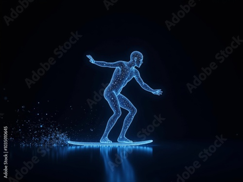 futuristic hologram of a surfer riding a wave of light particles on a dark background.