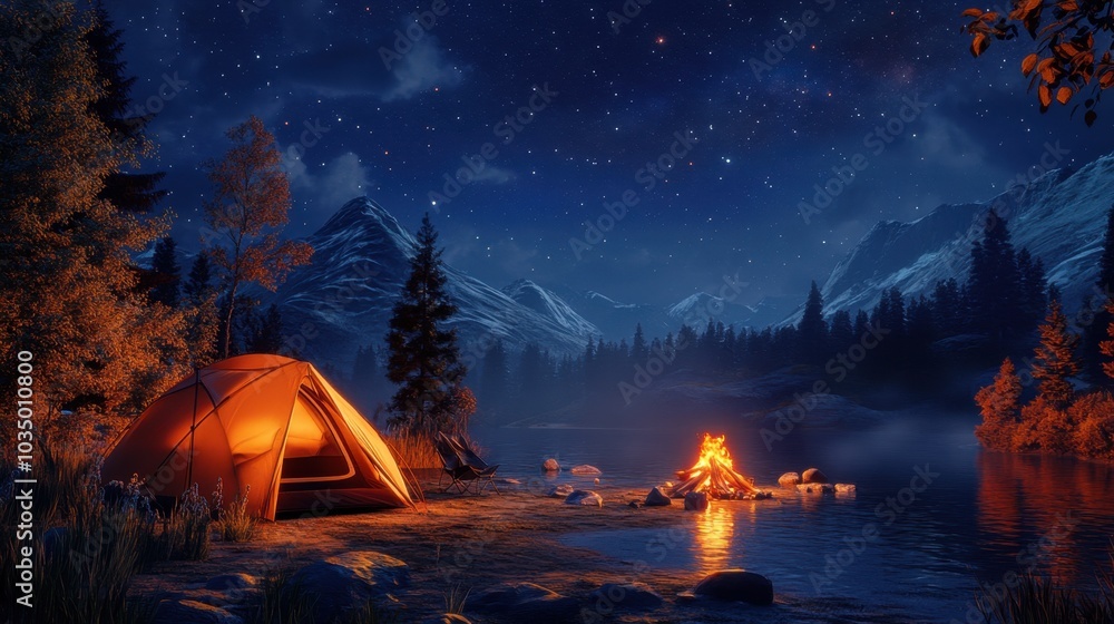 Serene Camping Night: Tents, Campfire, and Starlit Sky in Wilderness - Outdoor Adventure Vibes Serene Camping Night: Tents, Campfire, and Starlit Sky in Wilderness - Outdoor Adventure Vibes