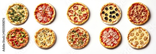 Eight different variations of pizza on a white background.