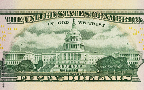 Reverse Side of U.S. $50 Dollar Bill Featuring U.S. Capitol photo