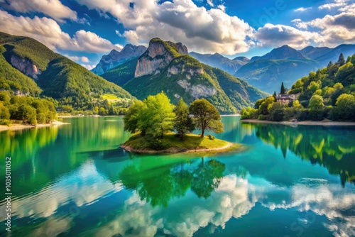 Surrounded by grand mountains, the serene Lago di Tenno features a lovely tree-covered island, creating a peaceful sanctuary for visitors seeking solace in nature.