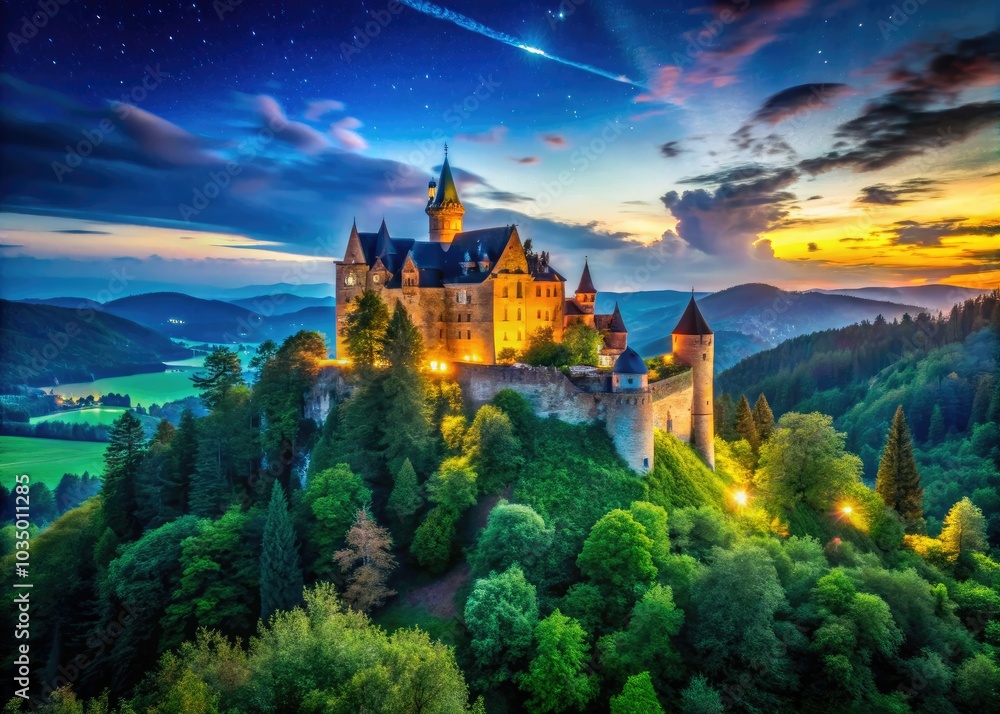 Surrounded by lush greenery, a majestic castle rises under an expansive ...