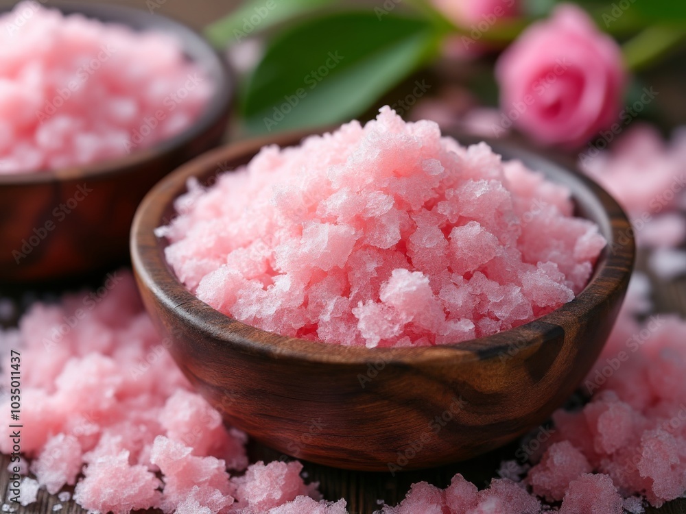 Close-up of pink bath salts in wooden bowl, surrounded by scattered salts and blurred flowers, creating a luxurious spa and skincare atmosphere Close-up of pink bath salts in wooden bowl, surrounded by scattered salts and blurred flowers, creating a luxurious spa and skincare atmosphere