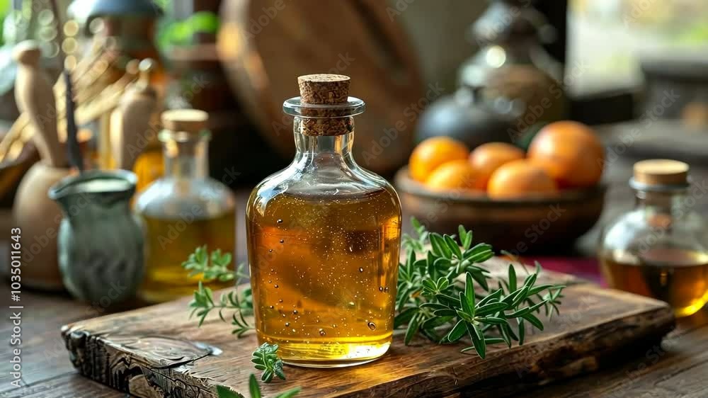 Fresh organic herbal oil in a glass bottle to promote health and relaxation. Fresh organic herbal oil in a glass bottle to promote health and relaxation.