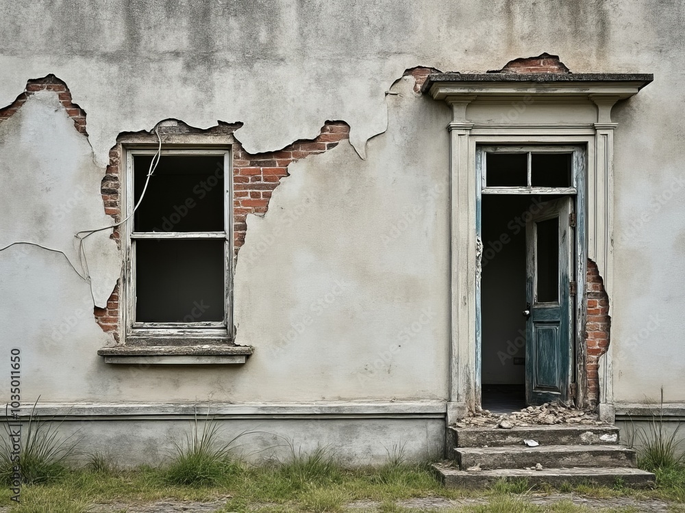 Smashed Wall Entry Abandoned house exterior with cracked walls, exposed brick, and damaged ...