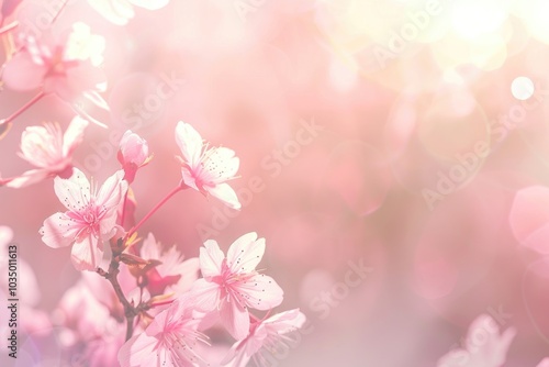 Delicate pink cherry blossoms in soft focus with sunlight