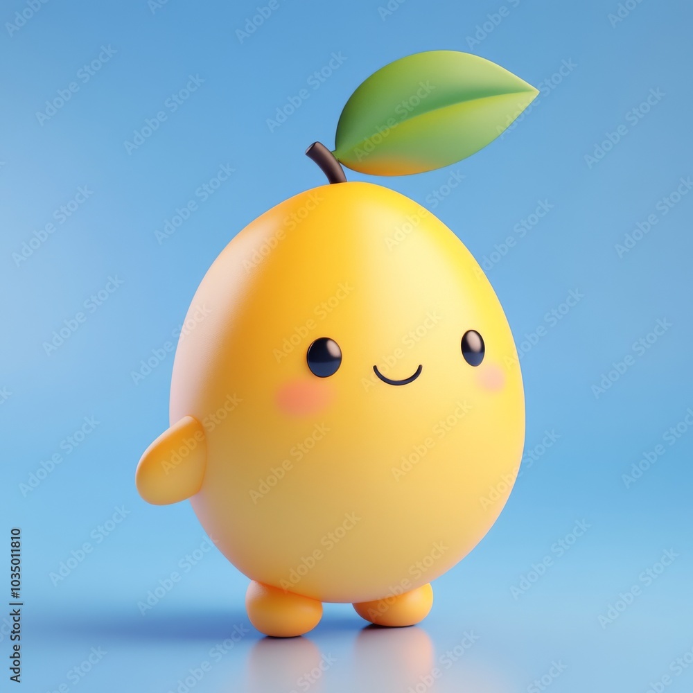Adorable Yellow Character with Leafy Sprout on Blue Background Adorable Yellow Character with Leafy Sprout on Blue Background