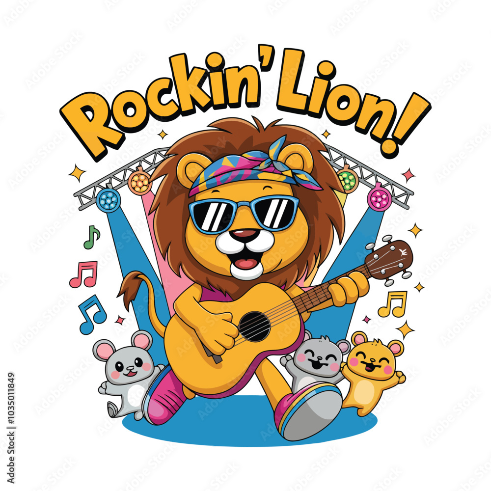 Fototapeta premium Kids t shirt design with cartoon lion playing guitar on stage with Rockin Lion text above