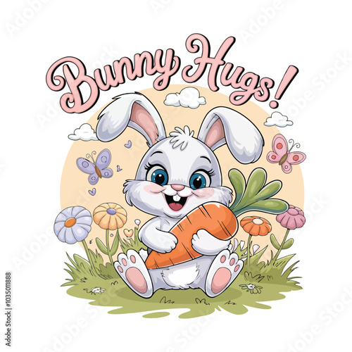 Kids t shirt design with cute bunny in flower field holding carrot with Bunny Hugs text above