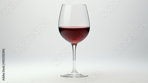 A single glass of red wine is elegantly poised against a minimalist white background, emphasizing simplicity and sophistication in its design.