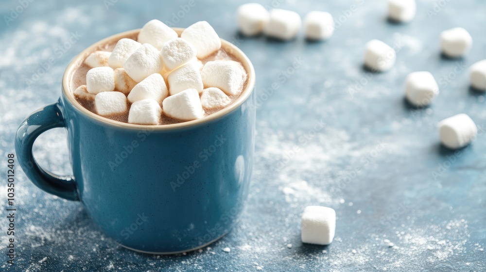 Blue mug filled with hot chocolate and marshmallows on blue table