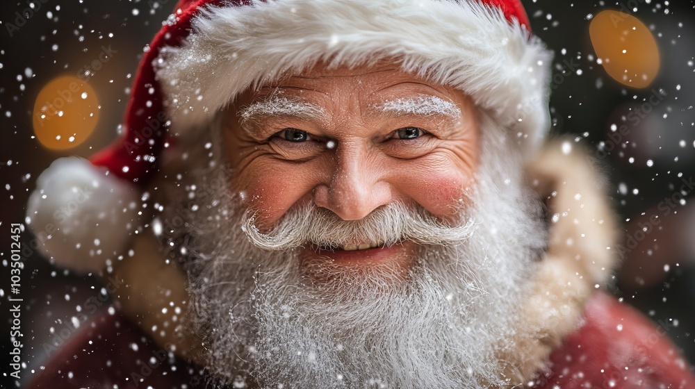 A joyful Santa Claus, complete with a snowy beard, twinkling eyes, and his classic red outfit, embodies the festive spirit amidst falling snowflakes. A joyful Santa Claus, complete with a snowy beard, twinkling eyes, and his classic red outfit, embodies the festive spirit amidst falling snowflakes.
