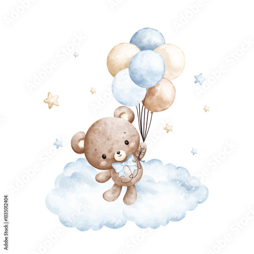 Watercolor Illustration Baby Teddy Bears and Blue Balloons on Cloud