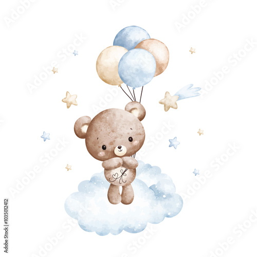 Watercolor Illustration Baby Teddy Bears and Blue Balloons on Cloud