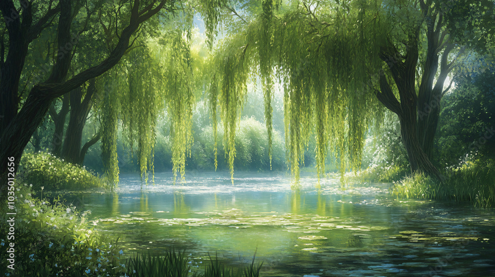 Fototapeta premium An enchanting scene of willow trees draping over a serene pond, providing a perfect spot for reflection.