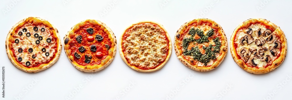 Five different delicious pizzas, each with unique toppings, arranged in a row on a white background.