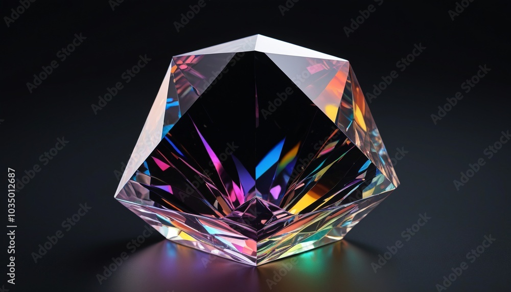 A vibrant crystal prism that refracts light into a spectrum of colors, displayed prominently on a solid black table, Generative AI A vibrant crystal prism that refracts light into a spectrum of colors, displayed prominently on a solid black table, Generative AI