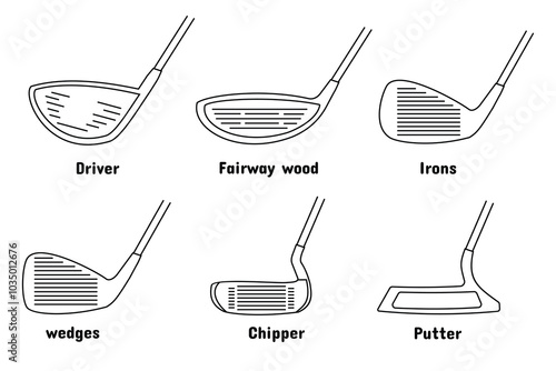 golf stick set design, various types and names. drivers, fairways, chippers, widgets, putters, irons. Outline style, editable vector eps 10.
