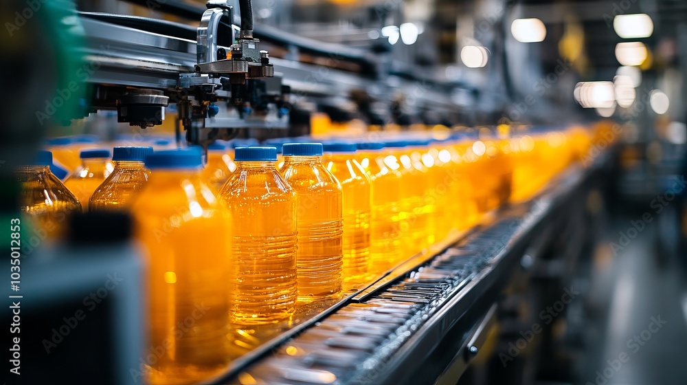 A dynamic view of an assembly line filled with orange liquid bottles, illuminated under bright industrial lights, showcasing modern manufacturing efficiency and technology. A dynamic view of an assembly line filled with orange liquid bottles, illuminated under bright industrial lights, showcasing modern manufacturing efficiency and technology.