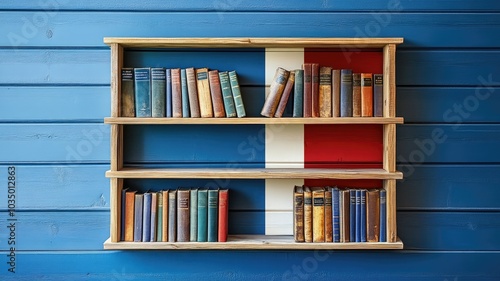 Bookshelf filled with vintage books against wooden background painted like French flag