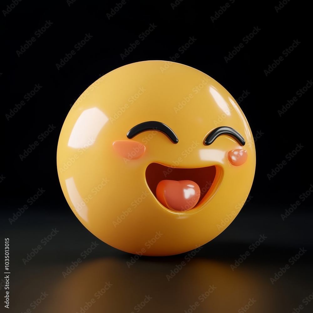 Fototapeta premium 3D Smiling Emoji with Blushing Cheeks and Big Eyes on Black Background