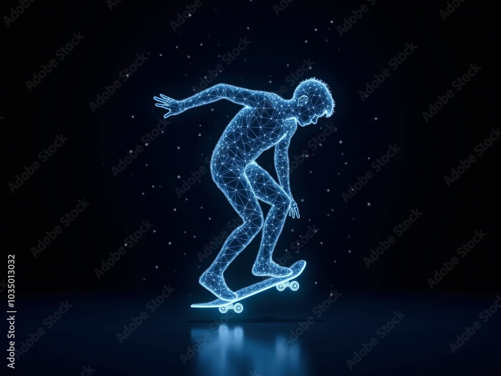 Naklejka premium Blue holographic image of a skateboarder jumping in the air.