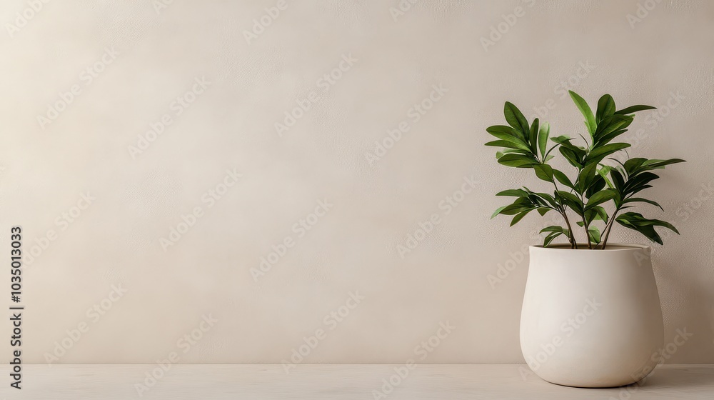 Fototapeta premium A minimalistic indoor plant in a modern white pot against a soft beige wall, perfect for home decor and wellness themes.