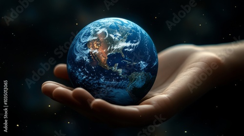 A mesmerizing image of the Earth delicately cradled in a human hand, symbolizing global unity and environmental stewardship with a cosmic backdrop.