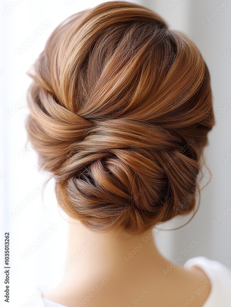 Fototapeta premium Elegant updo in progress by a stylist at a luxurious beauty salon, showcasing sophistication and artistry.
