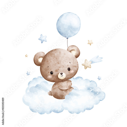 Watercolor Illustration Baby Teddy Bears and Blue Balloons Sits on Cloud