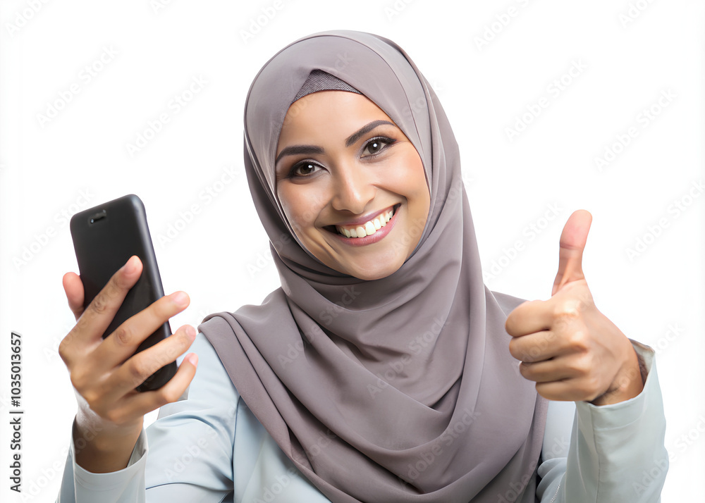 Portrait Young Muslim woman using mobile phone and making thumb up gesture. isolated on white background Portrait Young Muslim woman using mobile phone and making thumb up gesture. isolated on white background
