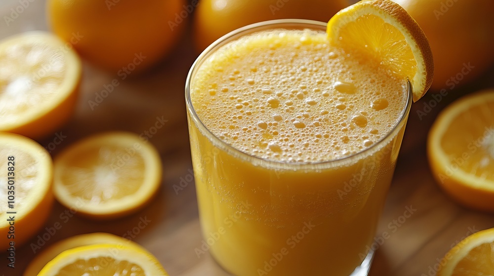 A glass of frothy orange juice with a slice of lemon garnish, depicting a fresh, tangy beverage perfect for refreshment on a warm sunny day. A glass of frothy orange juice with a slice of lemon garnish, depicting a fresh, tangy beverage perfect for refreshment on a warm sunny day.