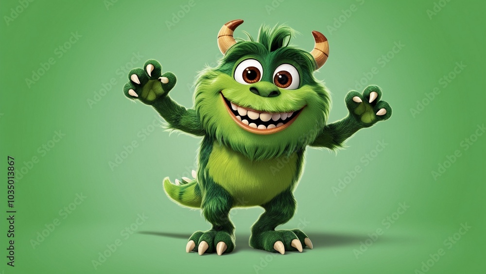 Obraz premium Happy green furry monster isolated on green background