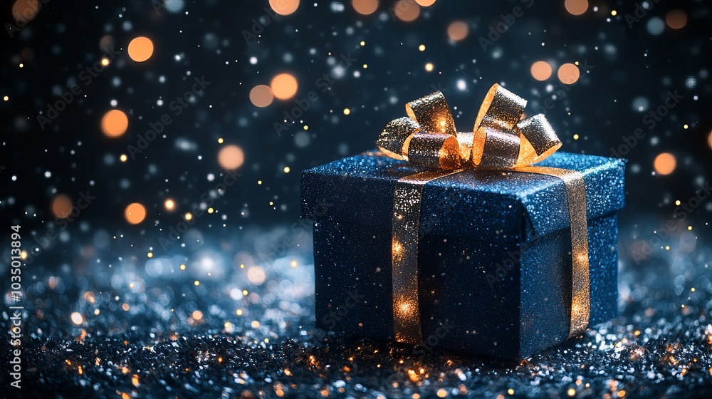 A striking gift box, wrapped with a shimmering golden ribbon, sits in a sparkling snow-like setting, evoking the magic and anticipation of holiday gifting moments. A striking gift box, wrapped with a shimmering golden ribbon, sits in a sparkling snow-like setting, evoking the magic and anticipation of holiday gifting moments.