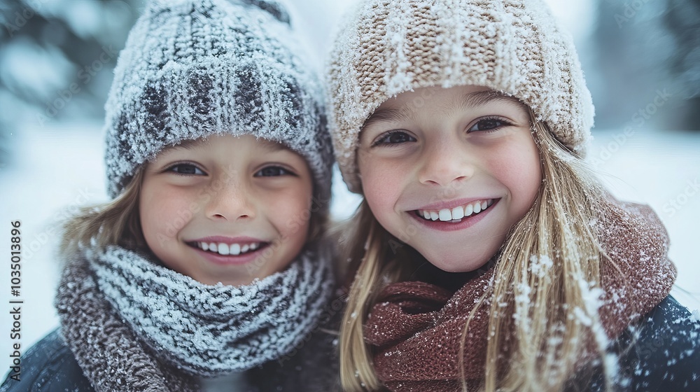 Two kids, bundled in cozy hats and scarves, share warm smiles in a snow-filled landscape, epitomizing friendship and happiness in a wintry outdoor setting. Two kids, bundled in cozy hats and scarves, share warm smiles in a snow-filled landscape, epitomizing friendship and happiness in a wintry outdoor setting.