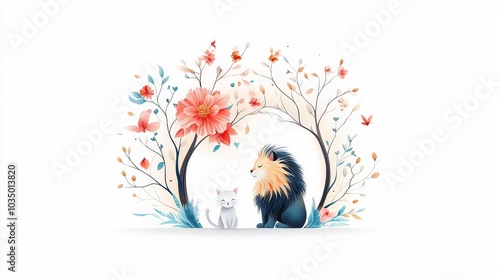 A cute kitten sits before a mirror, its reflection revealing a mighty lion, symbolizing a transformation of courage and strength. High-res, minimalist design.