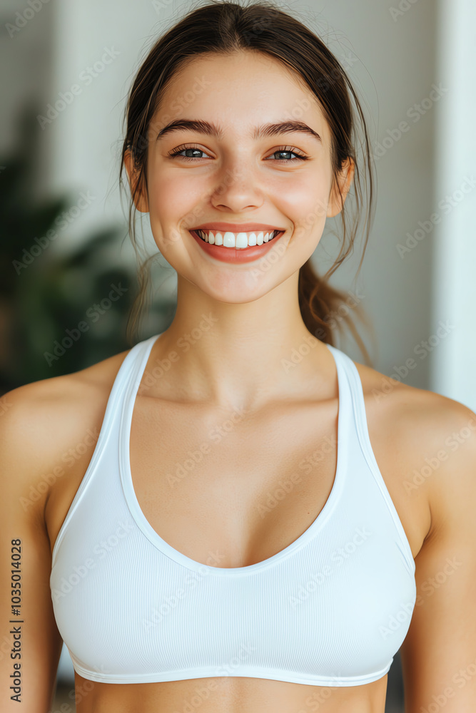 Smiling woman in sports attire, white background Smiling woman in sports attire, white background