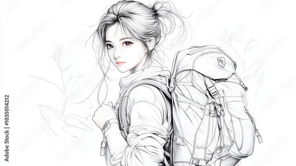 A detailed sketch portrait of a woman with a backpack, set against a serene forest background, capturing her adventurous spirit and connection with nature, rendered A detailed sketch portrait of a woman with a backpack, set against a serene forest background, capturing her adventurous spirit and connection with nature, rendered
