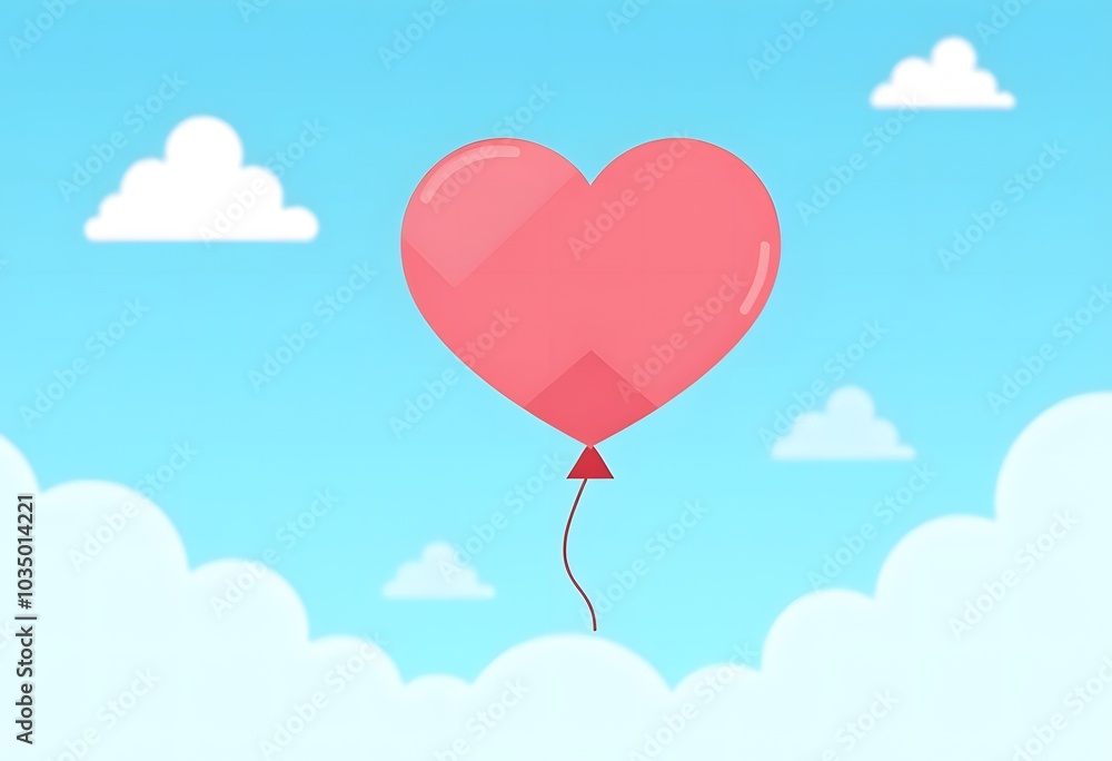 Obraz premium Red heart balloon cheerfully floating in blue sky with fluffy clouds