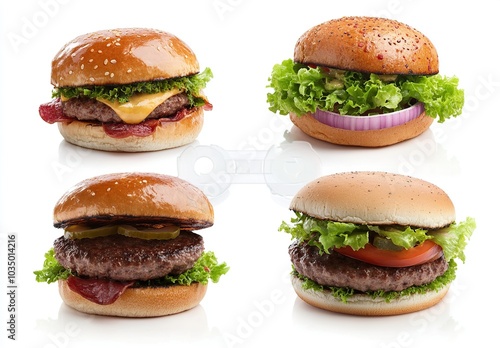 Four different types of hamburgers isolated on white background.