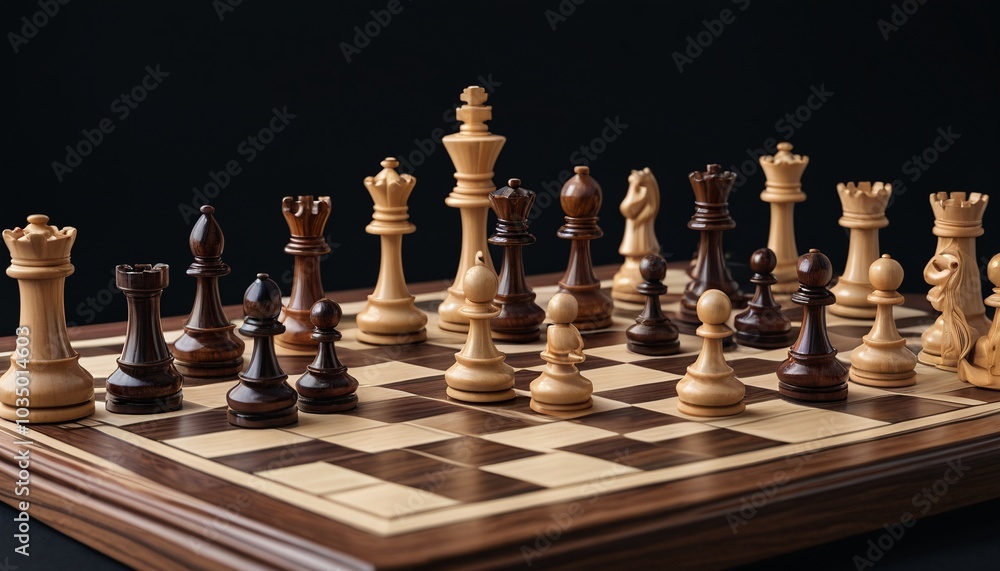 A traditional chess set made of polished wood, displayed with the pieces in an intricate arrangement on a black table, Generative AI A traditional chess set made of polished wood, displayed with the pieces in an intricate arrangement on a black table, Generative AI